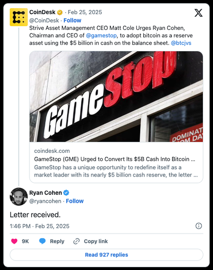 Ryan Cohen responding to post about GameStop crypto investment on Twitter