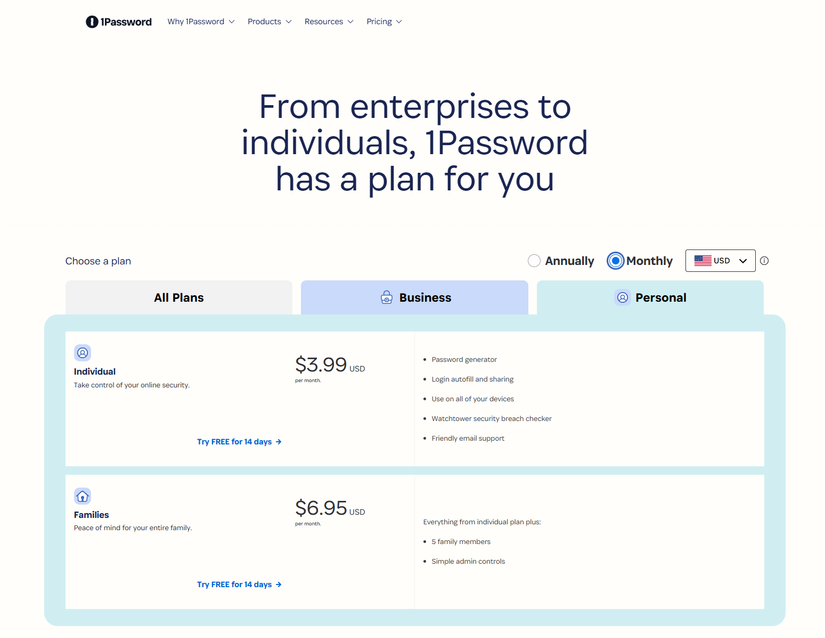 A screenshot from the 1Password website