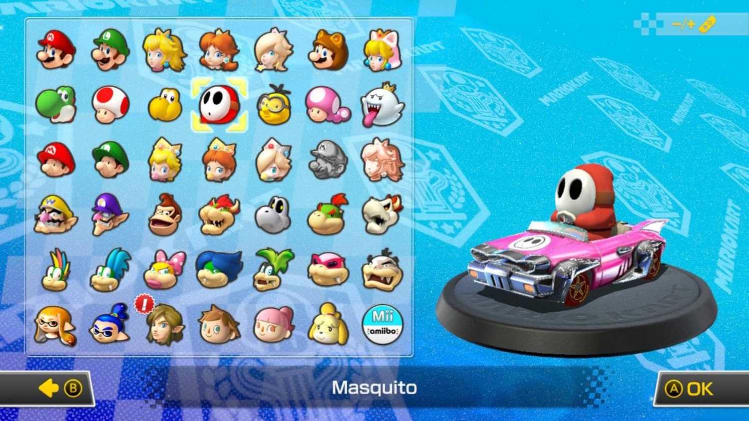 Screenshot from Mario Kart 8 Deluxe of the character select screen