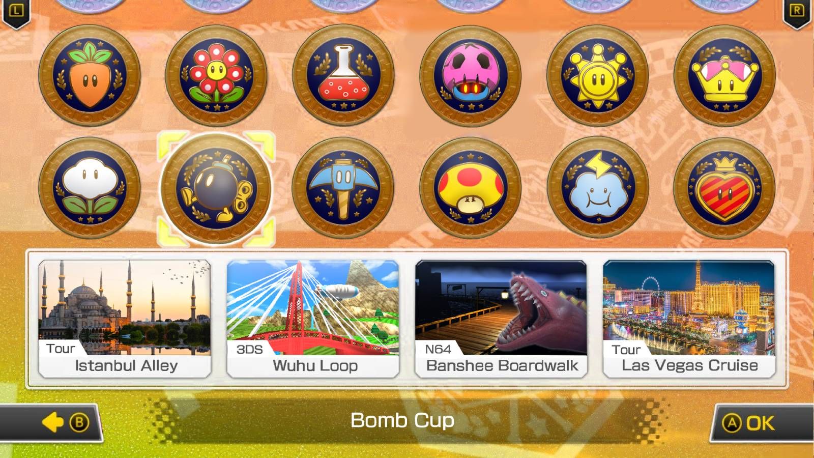 Screenshot from Mario Kart 8 Deluxe of courses and cups