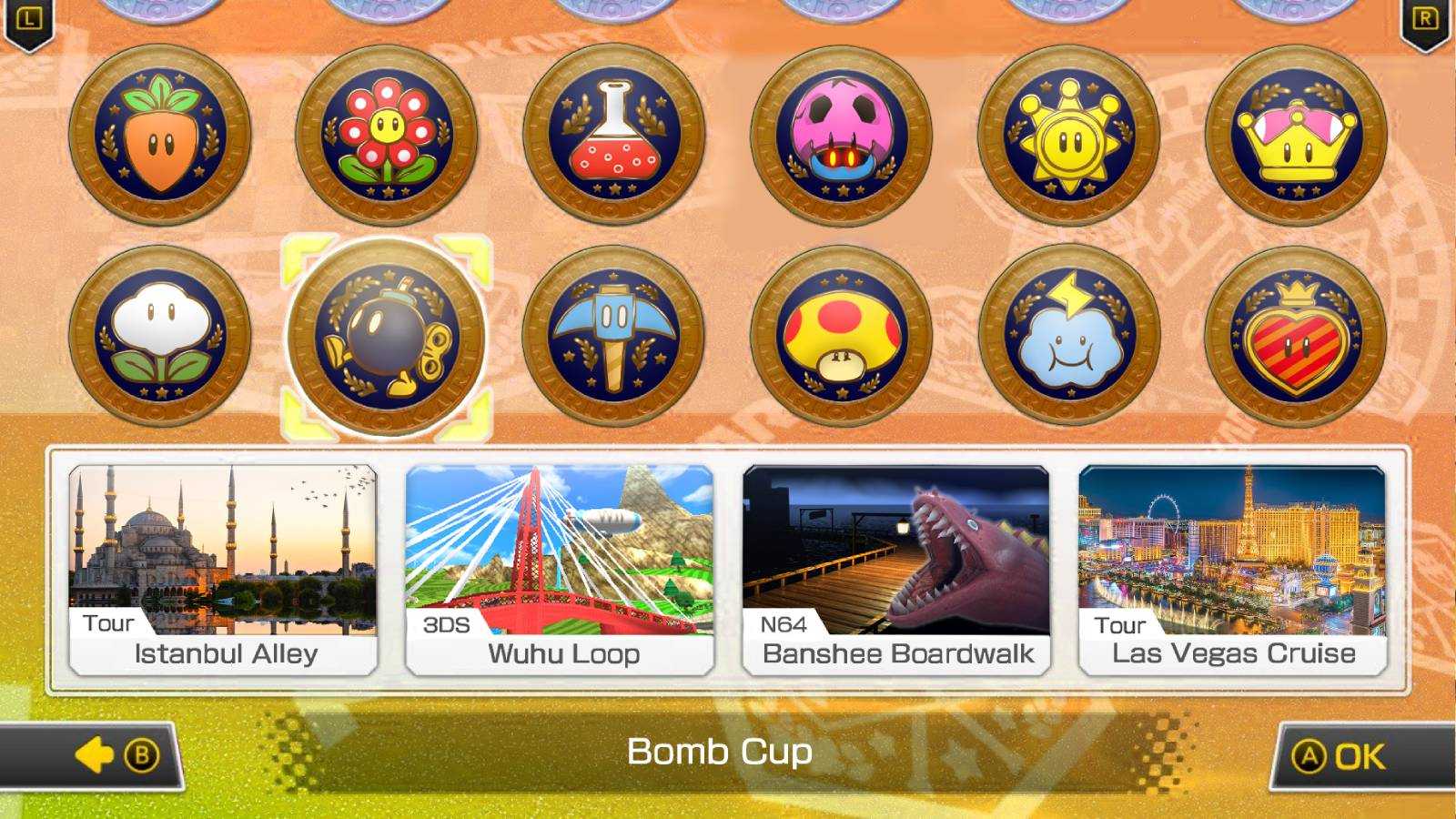Screenshot from Mario Kart 8 Deluxe of courses and cups