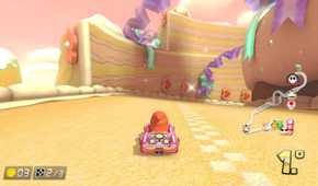 Screenshot from Mario Kart 8 Deluxe of a Shy Guy racing