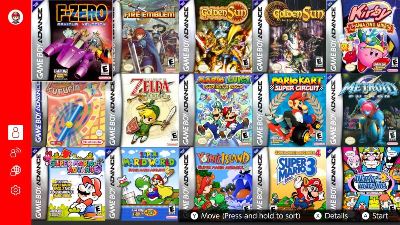 Screenshot from Nintendo Switch Online of Gameboy Advance games