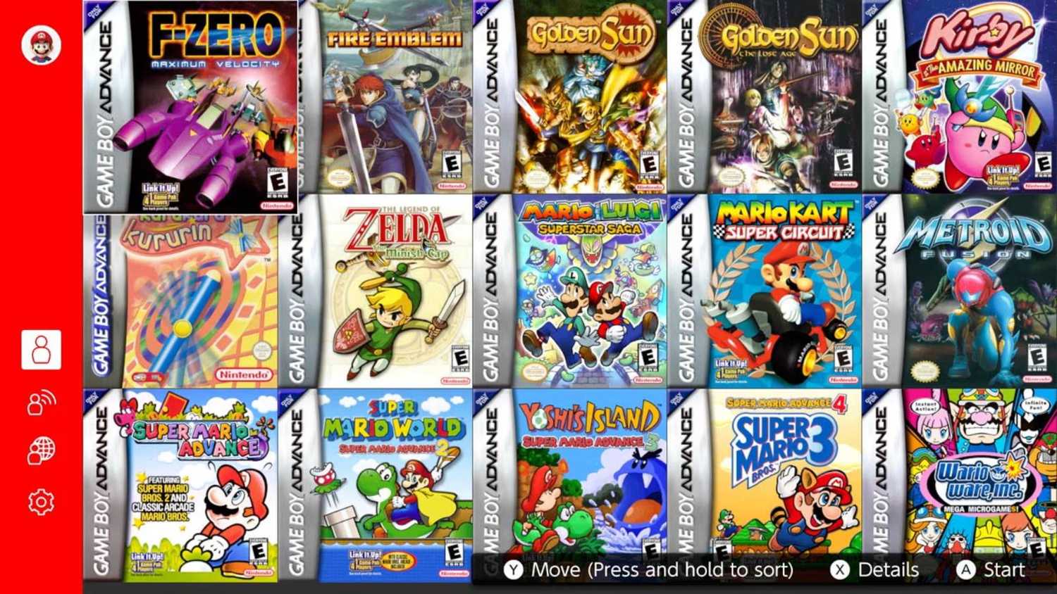 Screenshot from Nintendo Switch Online of Gameboy Advance games