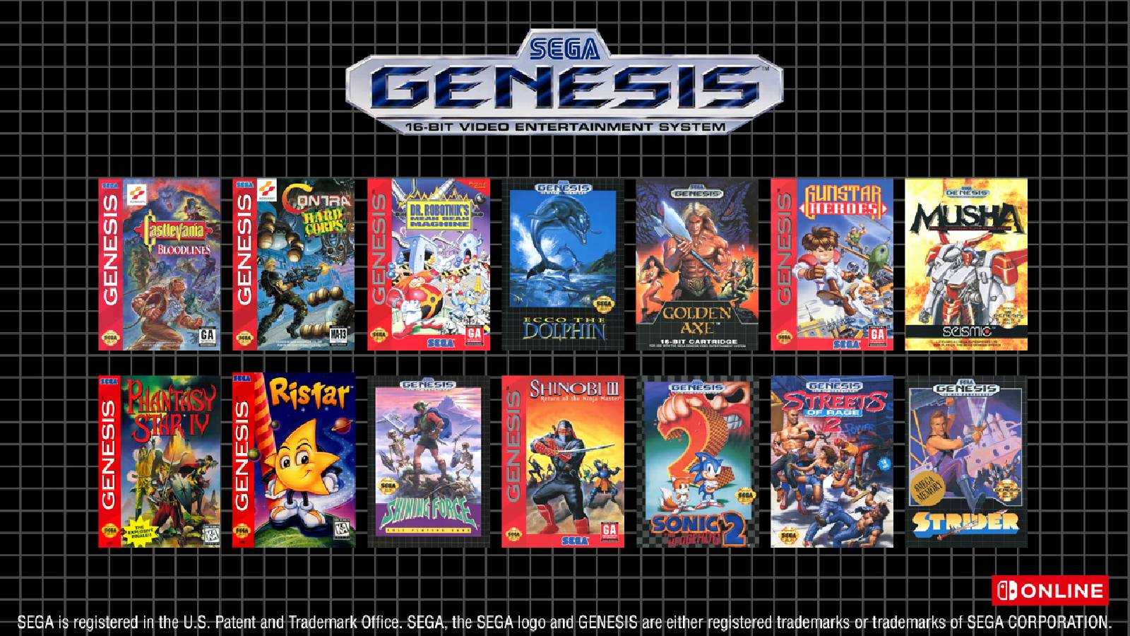 Screenshot from Nintendo Switch Online of Sega Genesis games