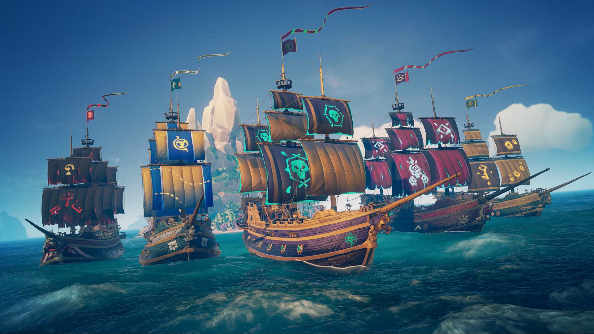 Screenshot from Sea of Thieves video game of five pirate ships each with different flags sailing side by side