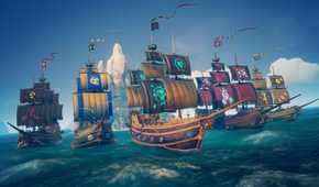 Screenshot from Sea of Thieves video game of five pirate ships each with different flags sailing side by side