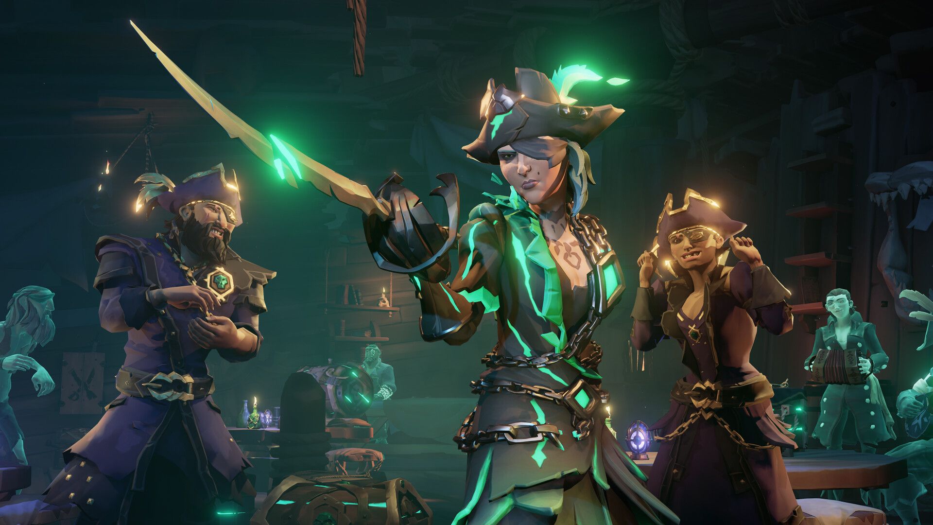 Screenshot from Sea of Thieves video game of pirates in a bar with one pointing a sword