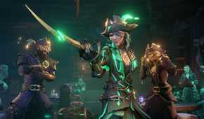 Screenshot from Sea of Thieves video game of pirates in a bar with one pointing a sword