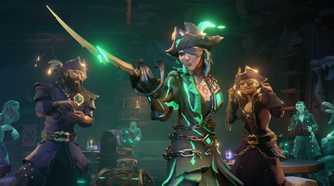Screenshot from Sea of Thieves video game of pirates in a bar with one pointing a sword
