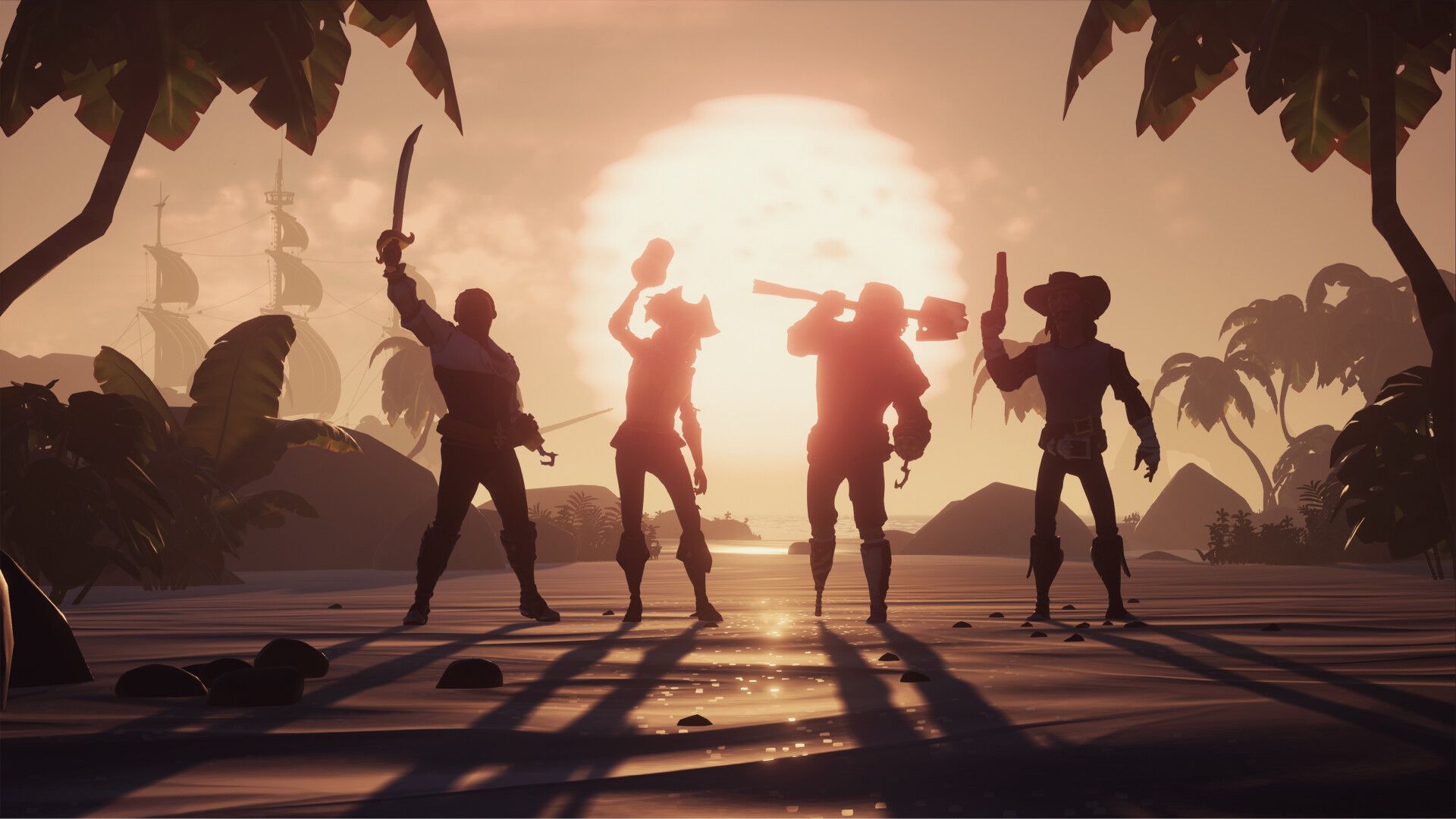 Screenshot from Sea of Thieves video game of four characters silhouetted by the sun