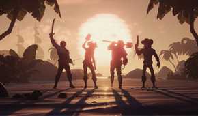 Screenshot from Sea of Thieves video game of four characters silhouetted by the sun