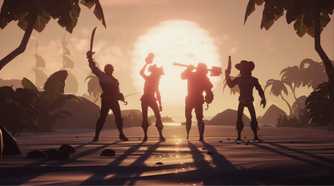 Screenshot from Sea of Thieves video game of four characters silhouetted by the sun