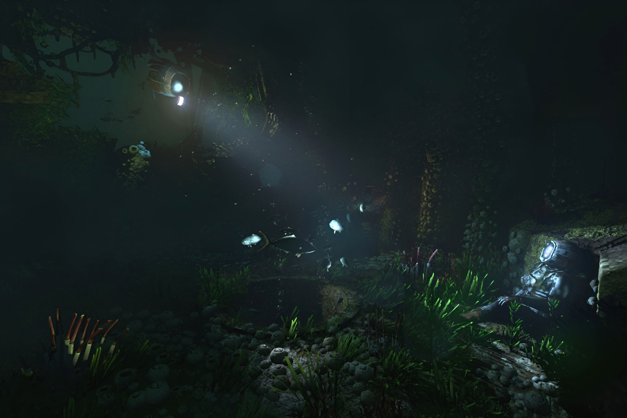 An image from the game "SOMA", showing an underwater drone flashing a light on a corpse.