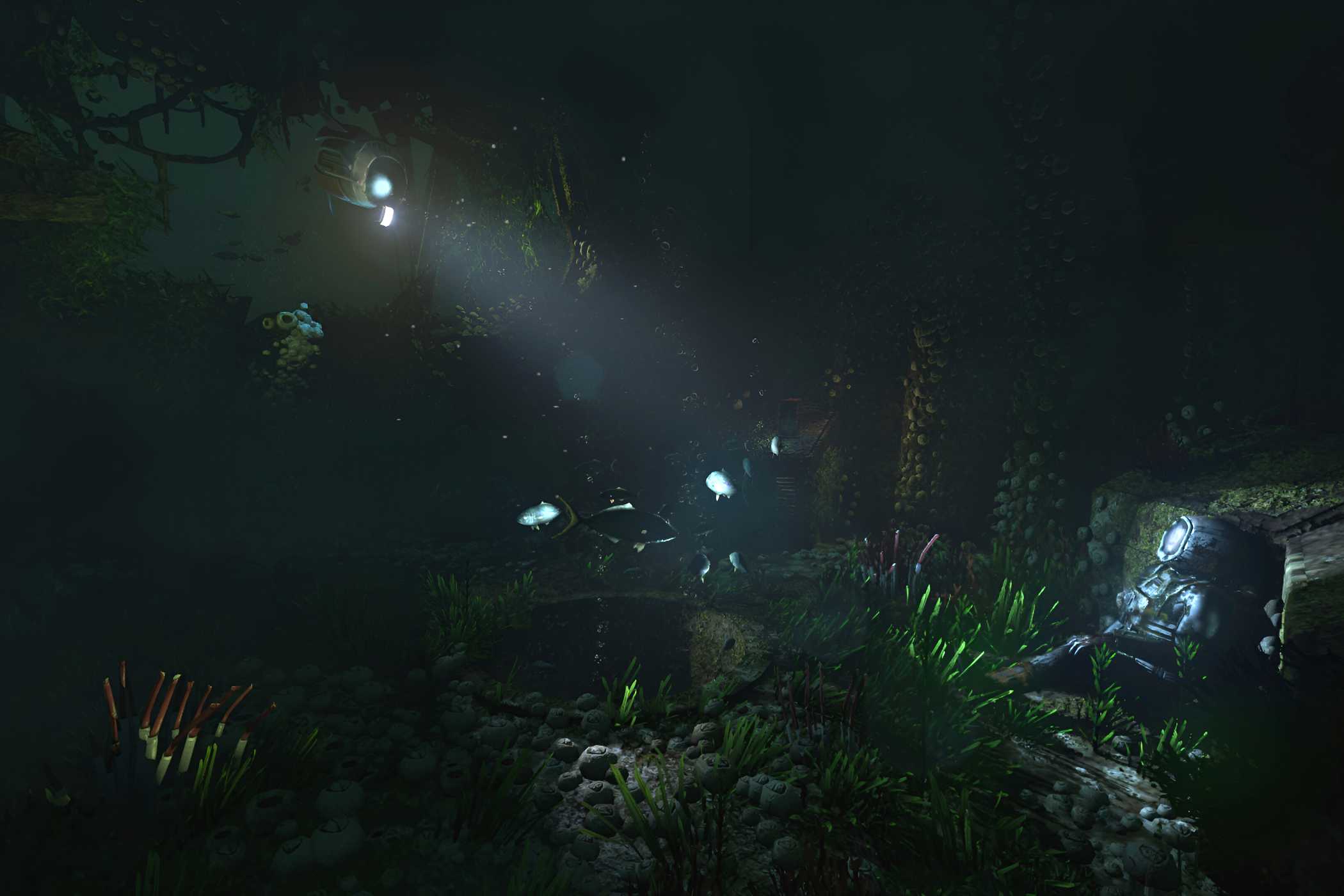 An image from the game "SOMA", showing an underwater drone flashing a light on a corpse.