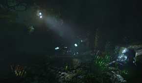 An image from the game "SOMA", showing an underwater drone flashing a light on a corpse.