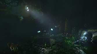 An image from the game "SOMA", showing an underwater drone flashing a light on a corpse.