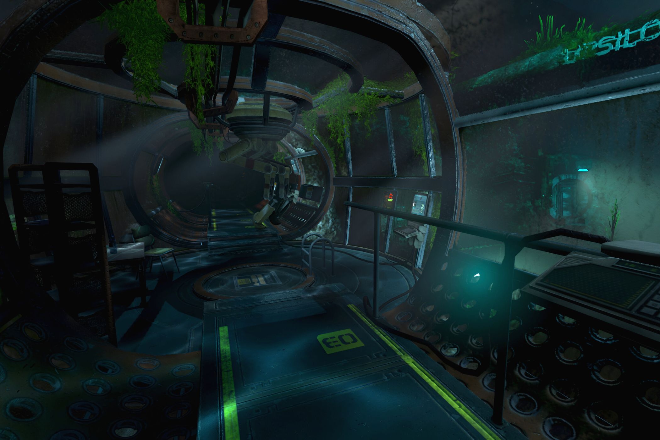 An image from the game "SOMA", showing a metal walkway inside an underwater research facility.
