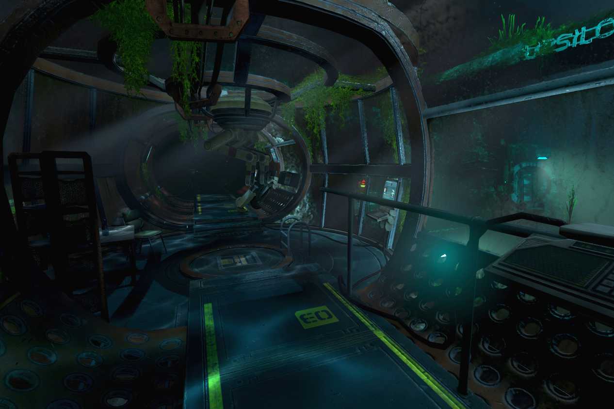 An image from the game "SOMA", showing a metal walkway inside an underwater research facility.