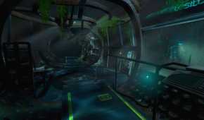 An image from the game "SOMA", showing a metal walkway inside an underwater research facility.