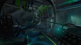 An image from the game "SOMA", showing a metal walkway inside an underwater research facility.