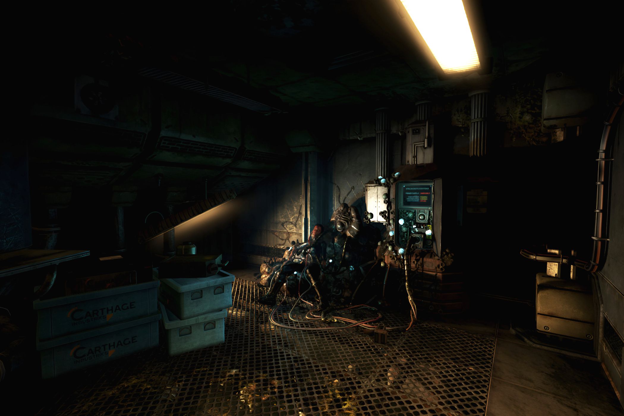 An image from the game "SOMA", showing a dimly-lit room with wires ripped out of the walls and a corpse.