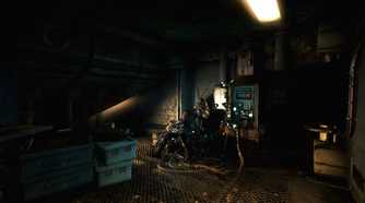 An image from the game "SOMA", showing a dimly-lit room with wires ripped out of the walls and a corpse.