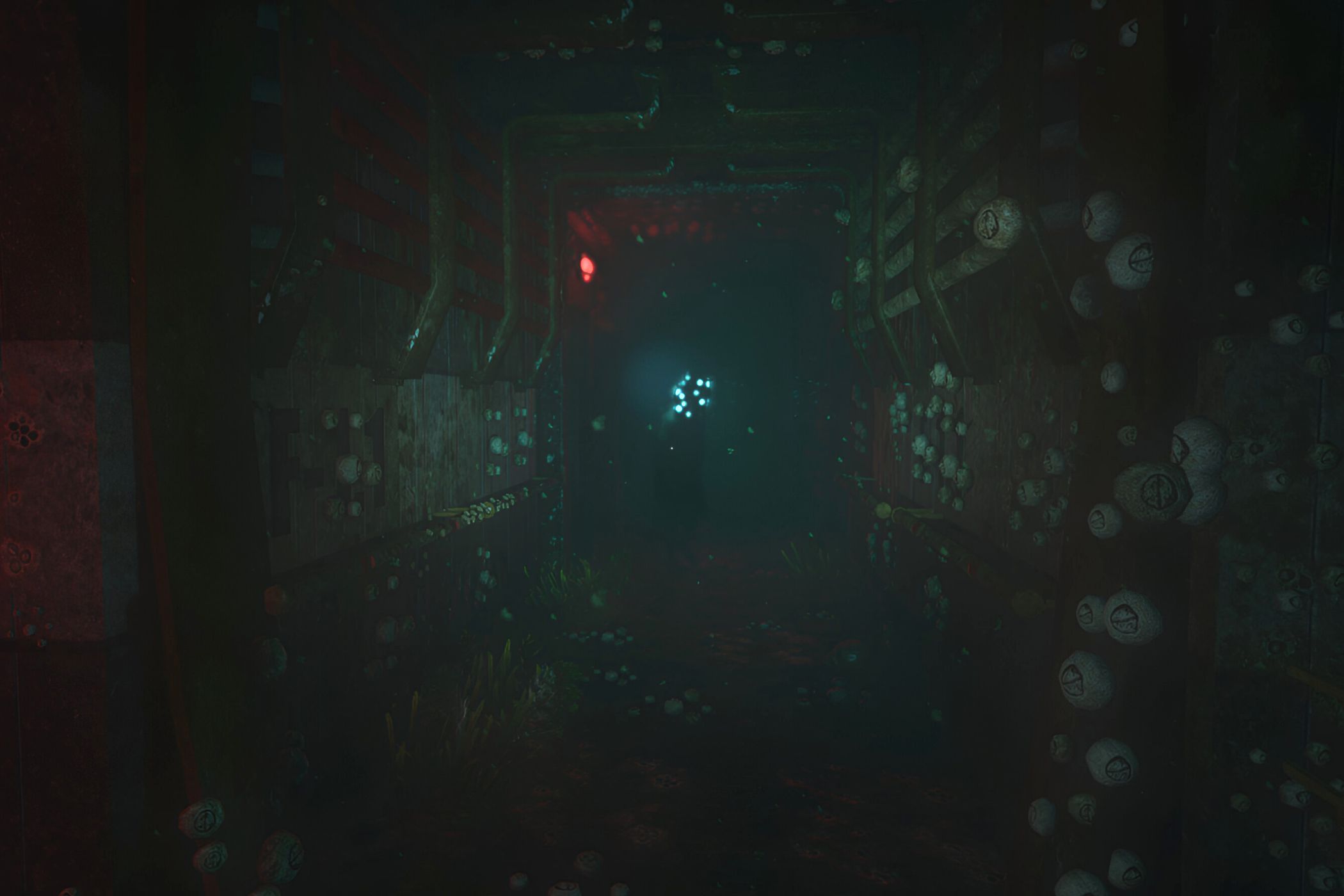 An image from the game "SOMA", showing Disco Head, a strange creature with a glowing blue head in the distance.