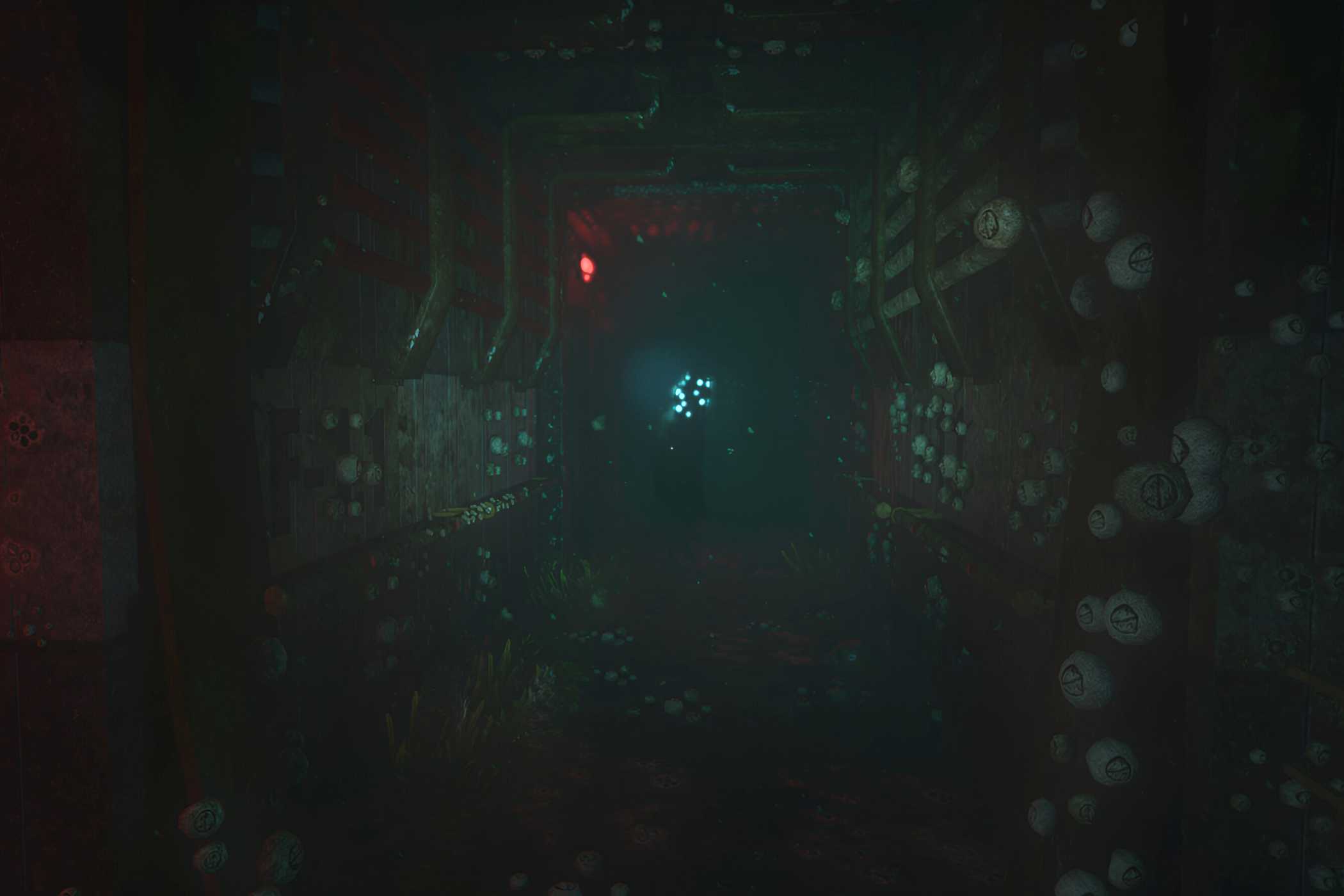 An image from the game "SOMA", showing Disco Head, a strange creature with a glowing blue head in the distance.