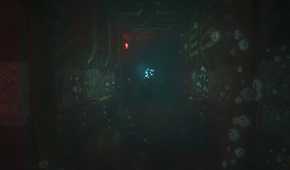 An image from the game "SOMA", showing Disco Head, a strange creature with a glowing blue head in the distance.