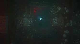 An image from the game "SOMA", showing Disco Head, a strange creature with a glowing blue head in the distance.