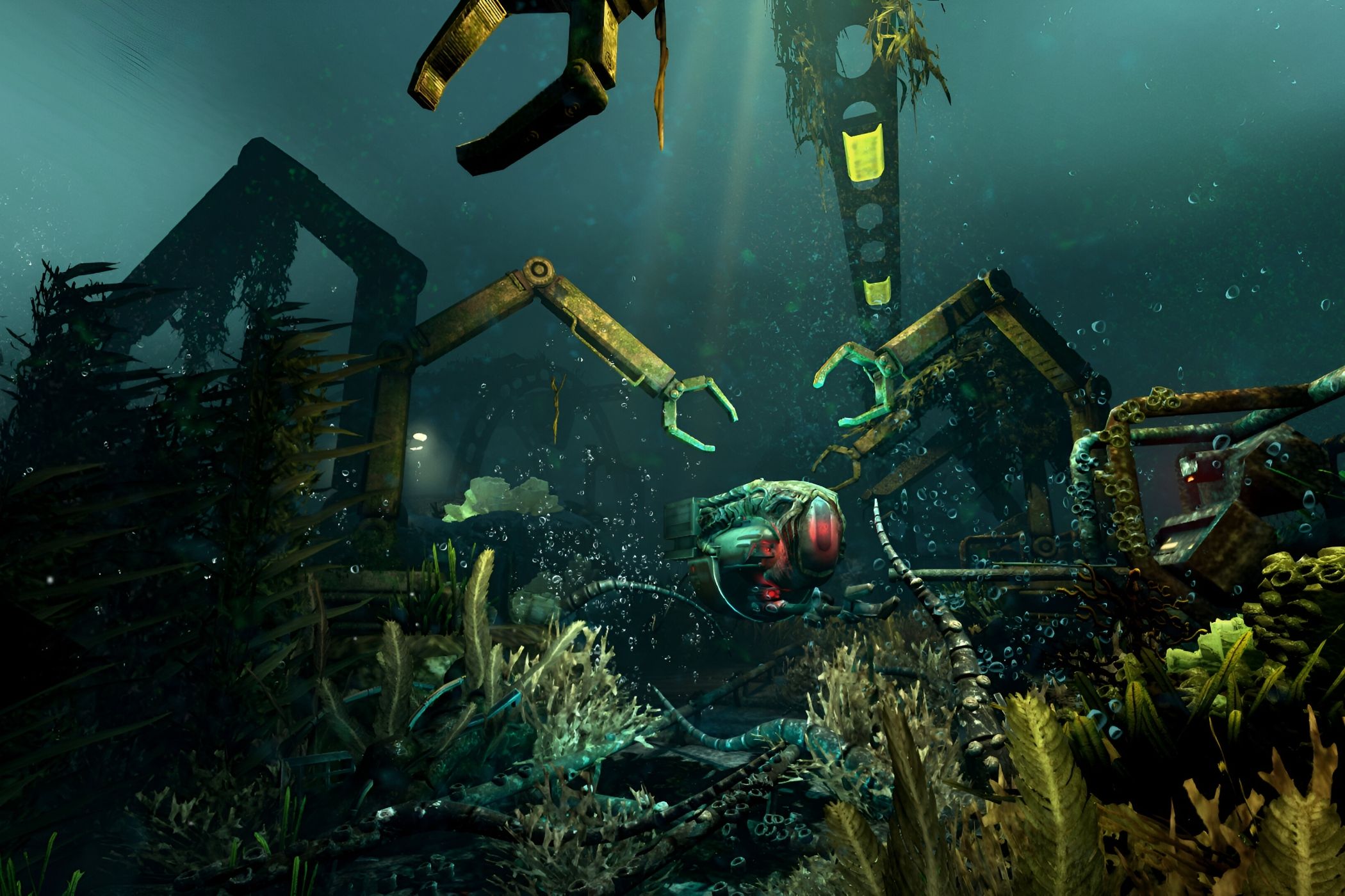 An image from the game "SOMA", showing machinery underwater near the seabed.