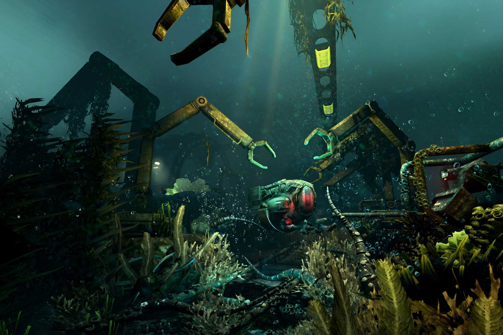 An image from the game "SOMA", showing machinery underwater near the seabed.