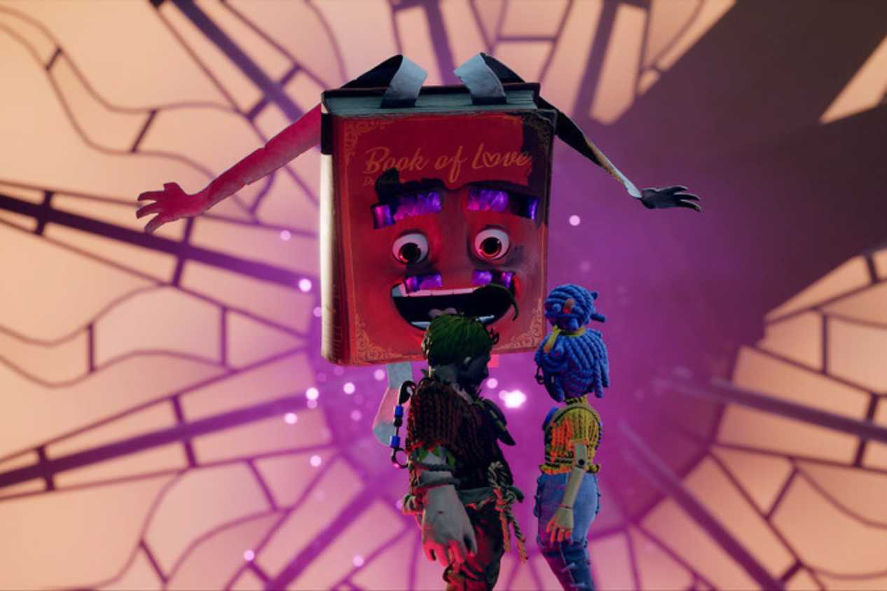 It Takes Two characters standing in front of talking book