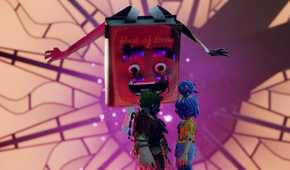 It Takes Two characters standing in front of talking book