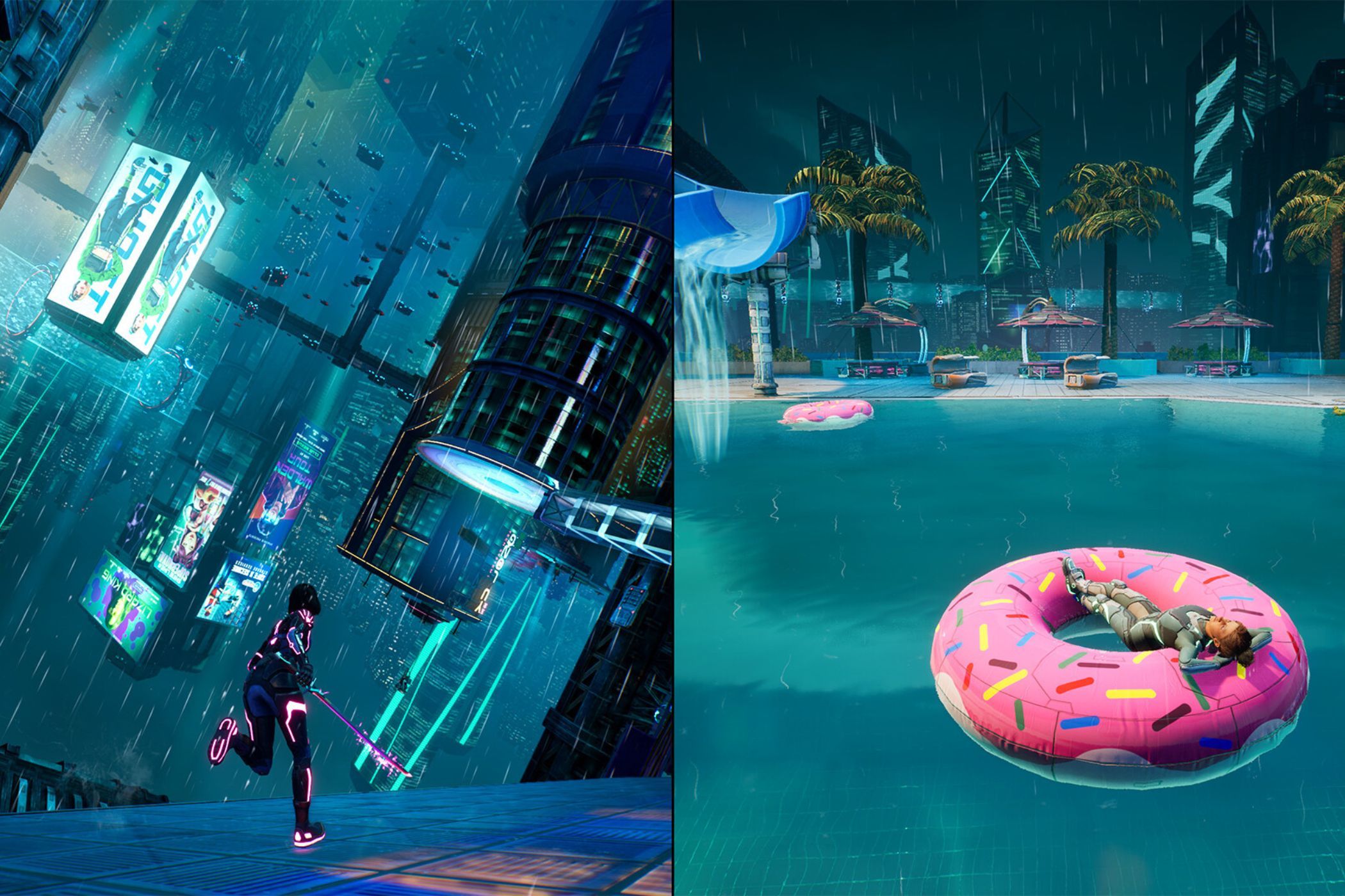Split Fiction characters running in sci-fi city and relaxing in pool