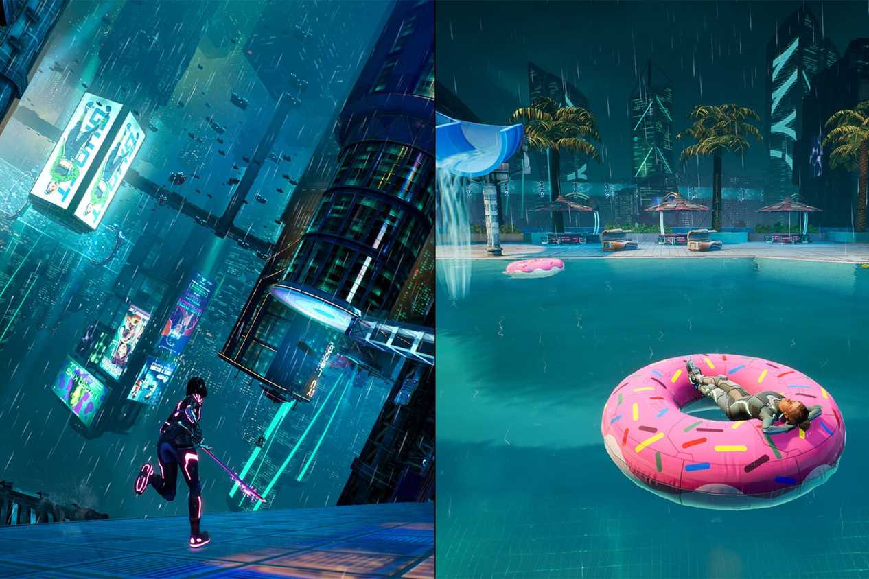 Split Fiction characters running in sci-fi city and relaxing in pool