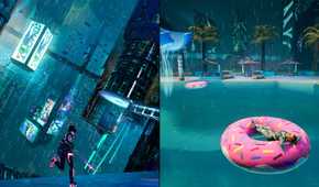 Split Fiction characters running in sci-fi city and relaxing in pool