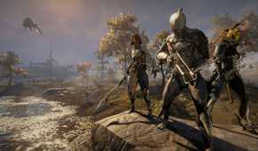 Warframe characters standing on rock