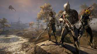 Warframe characters standing on rock