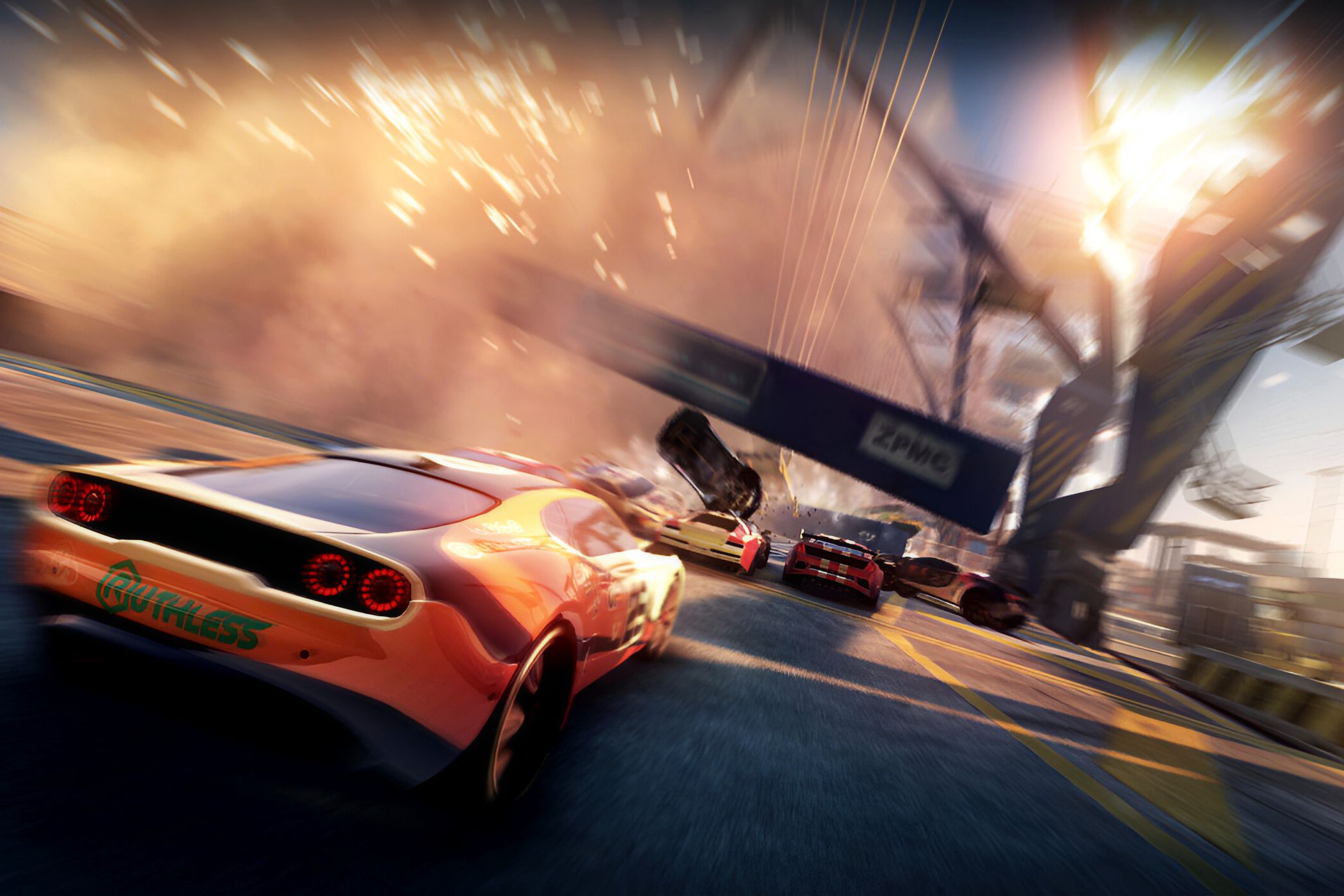 An image from the game "Split Second", showing a bright orange car racing while a bridge crashes around it. 
