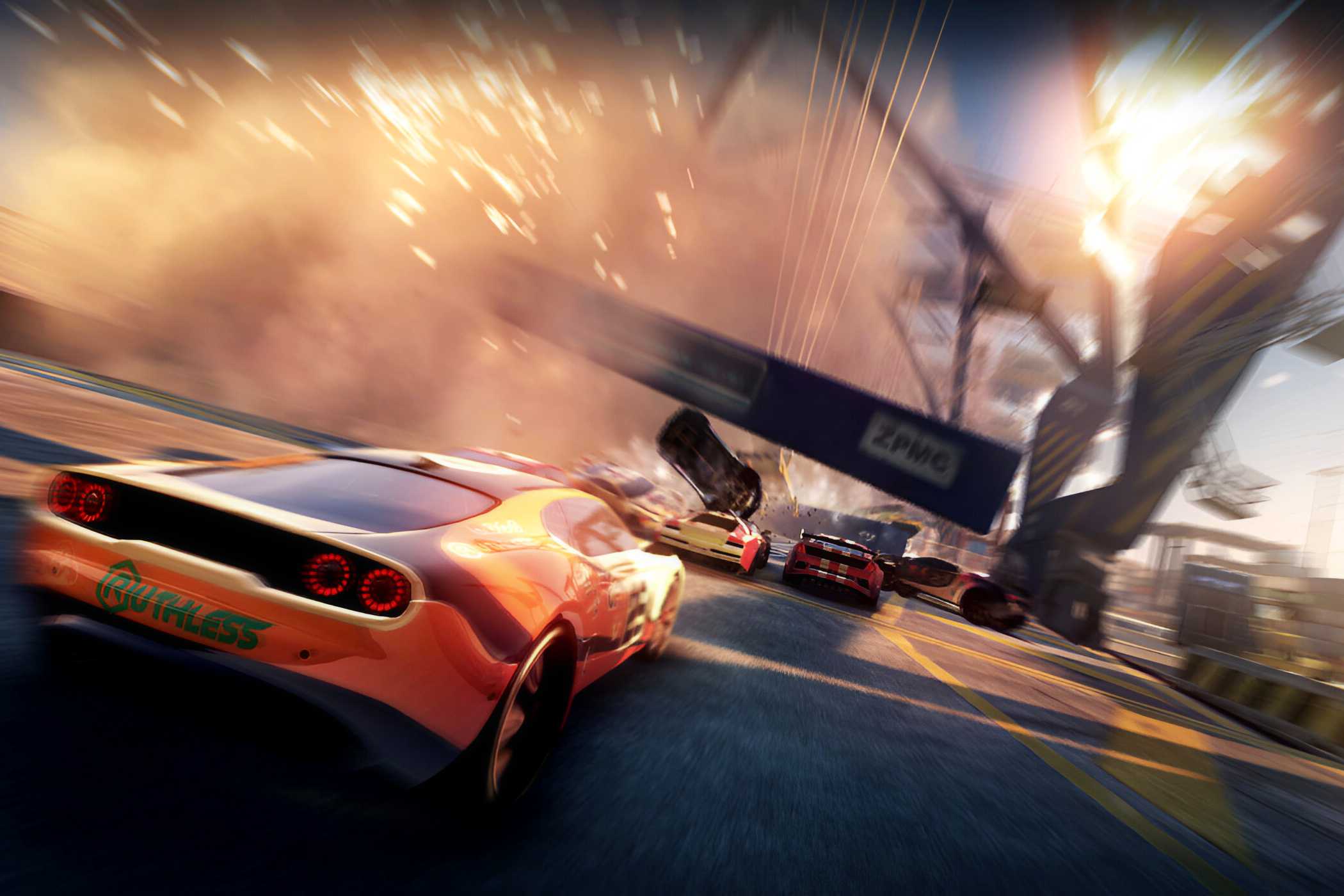 An image from the game "Split Second", showing a bright orange car racing while a bridge crashes around it.