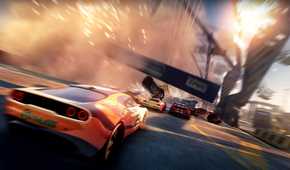 An image from the game "Split Second", showing a bright orange car racing while a bridge crashes around it.