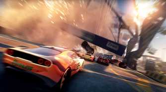 An image from the game "Split Second", showing a bright orange car racing while a bridge crashes around it.