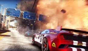 An image from the game "Split Second", showing the rear of a red car with white stripes and a wing while the road around it blows up.