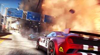 An image from the game "Split Second", showing the rear of a red car with white stripes and a wing while the road around it blows up.