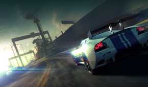 An image from the game "Split Second", showing a white car with blue stripes speeding along a winding road.