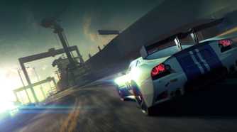 An image from the game "Split Second", showing a white car with blue stripes speeding along a winding road.