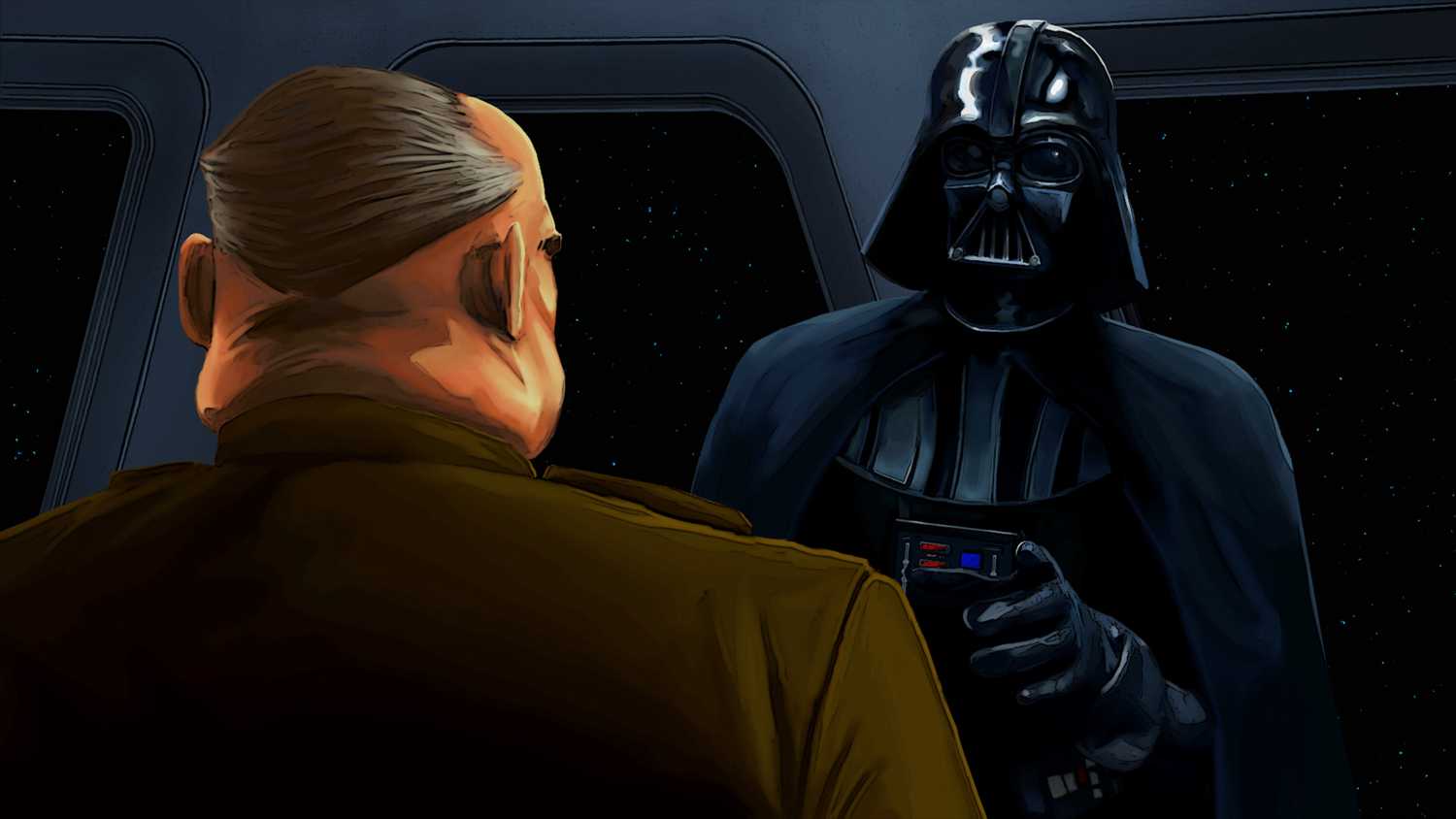 Screenshot from Star Wars: Dark Forces Remaster video game of Darth Vader speaking Imperial officer