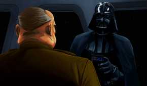Screenshot from Star Wars: Dark Forces Remaster video game of Darth Vader speaking Imperial officer